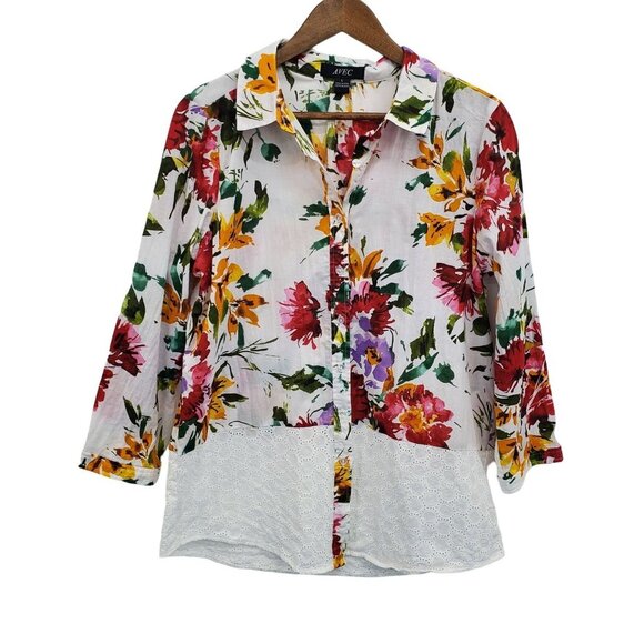 AVEC Womens Button Up Floral Eyelet Blouse Top Size L Multicolor 3/4 Sleeve - Picture 3 of 14